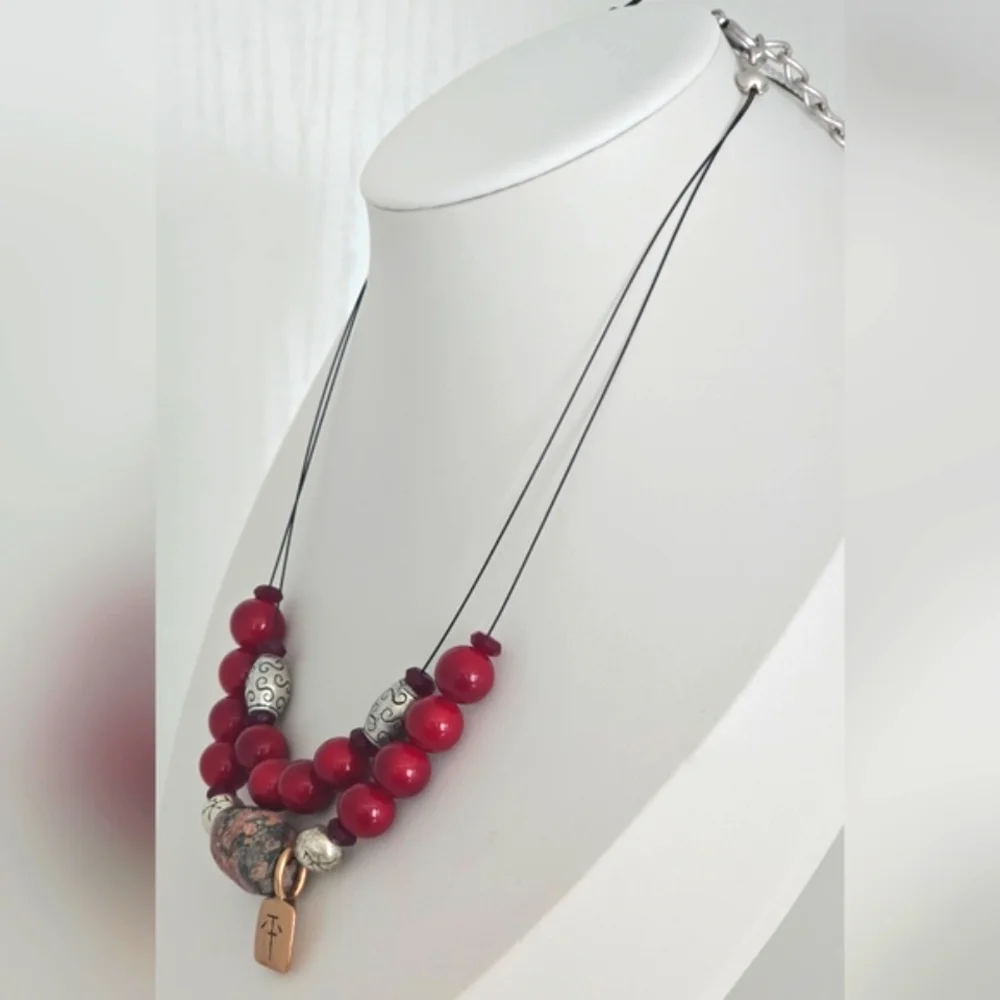 Chico's Zenergy Beaded Necklace with Jasper Stone Red & Silver Accents - Picture 2 of 6